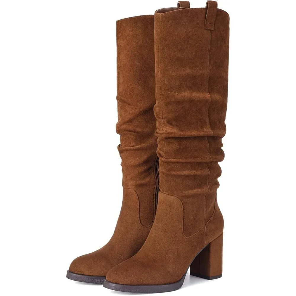 Women's Brown Tall Chunky High Heel Side Zipper Party With Knee High Boots